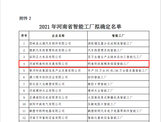 2021年河南省智能車間智能工廠擬認定名單公示，明泰科技榜上有名